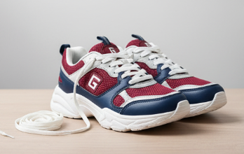 A pair of red, blue, and white sneakers with white laces placed on a wooden surface.