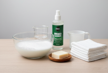 Sneaker cleaning supplies including soap, foamy water, sneaker cleaner bottle, measuring cups, and microfiber cloths on a wooden surface
