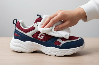 Cleaning red and blue sneakers with a microfiber cloth – home sneaker cleaning step.