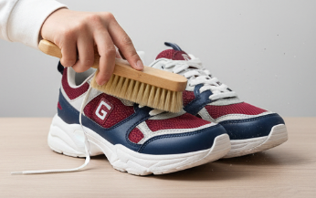 Person cleaning red and blue sneakers with a wooden brush on a wooden surface.