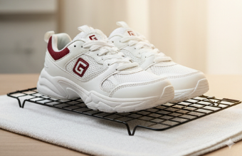 Clean white sneakers with red accents placed on a drying rack over a towel.